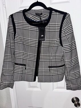 Mario Serrani Black and White Plaid Tweed Zip Jacket